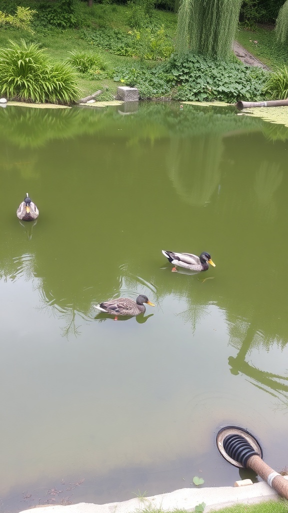 A tranquil duck pond with a drain, surrounded by plants and ducks swimming.